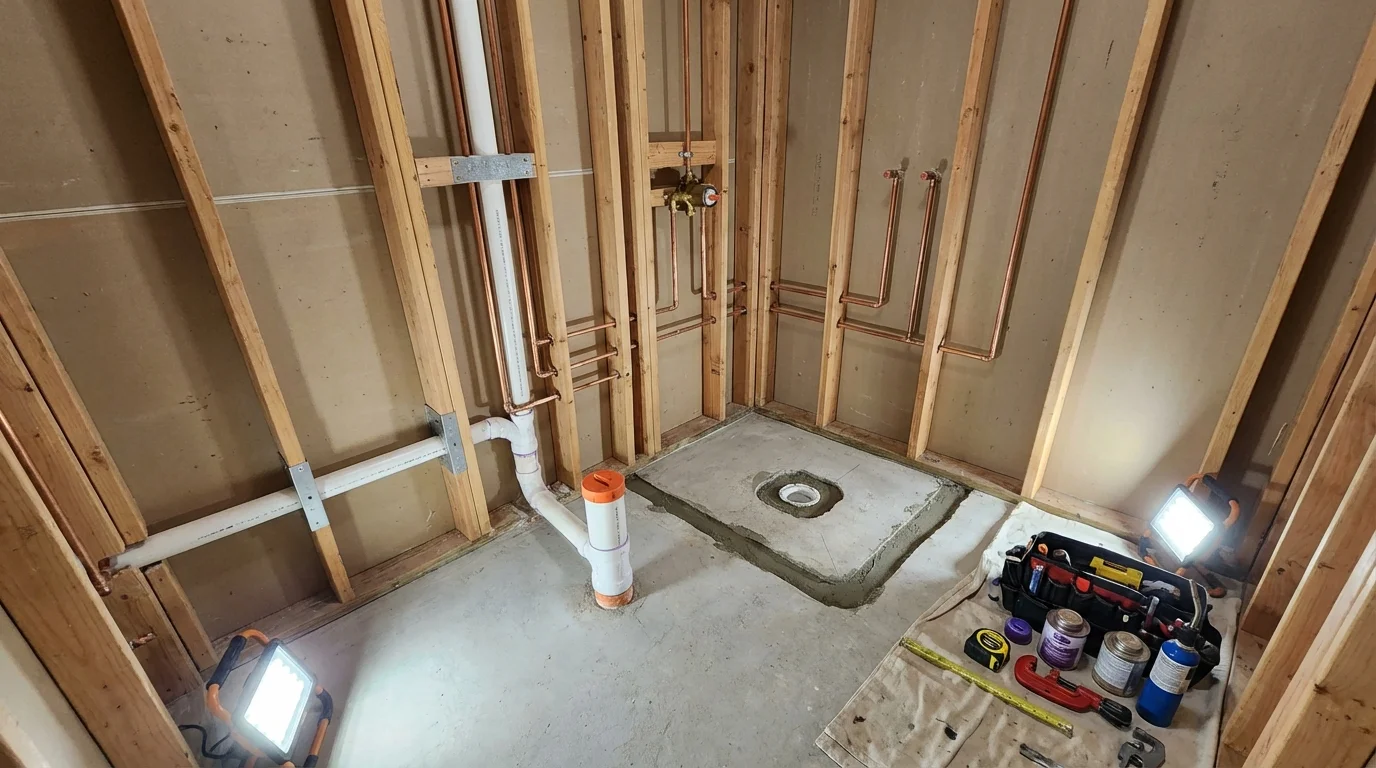 Bathroom rough-in plumbing during remodel by Johns Plumbing LLC in Universal City