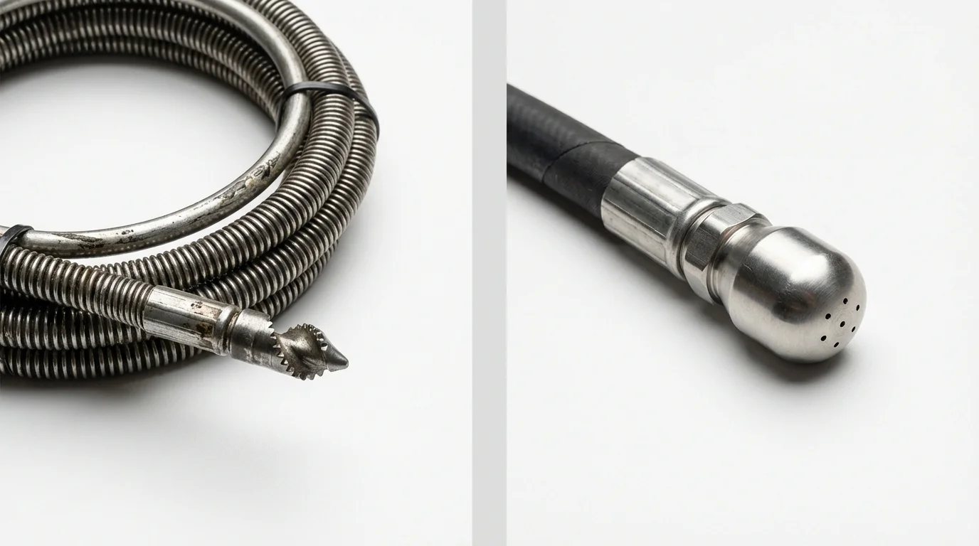 Drain snake cable and hydro jetting nozzle used for drain cleaning in Universal City, TX