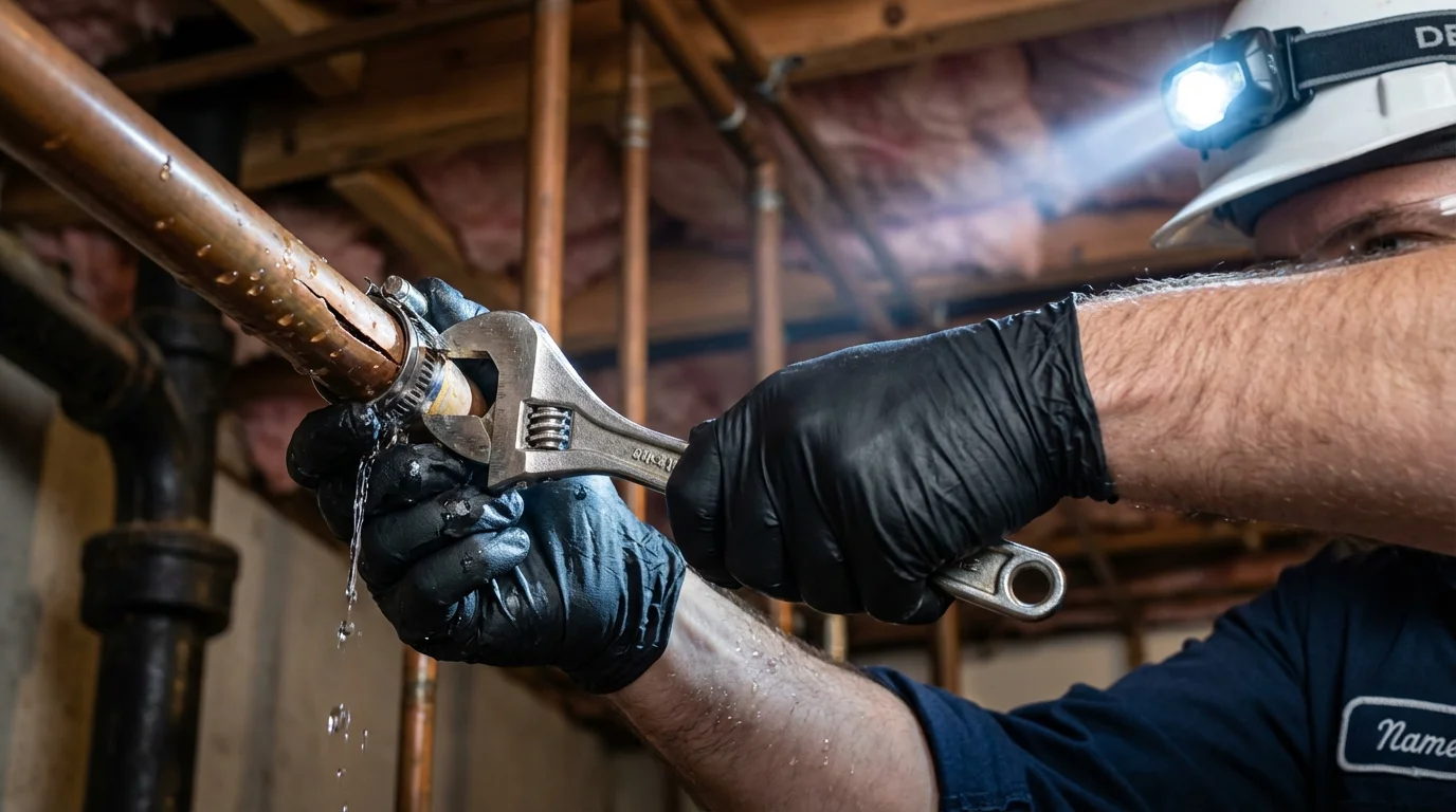 Emergency pipe clamp repair being performed by a Johns Plumbing LLC plumber in Universal City