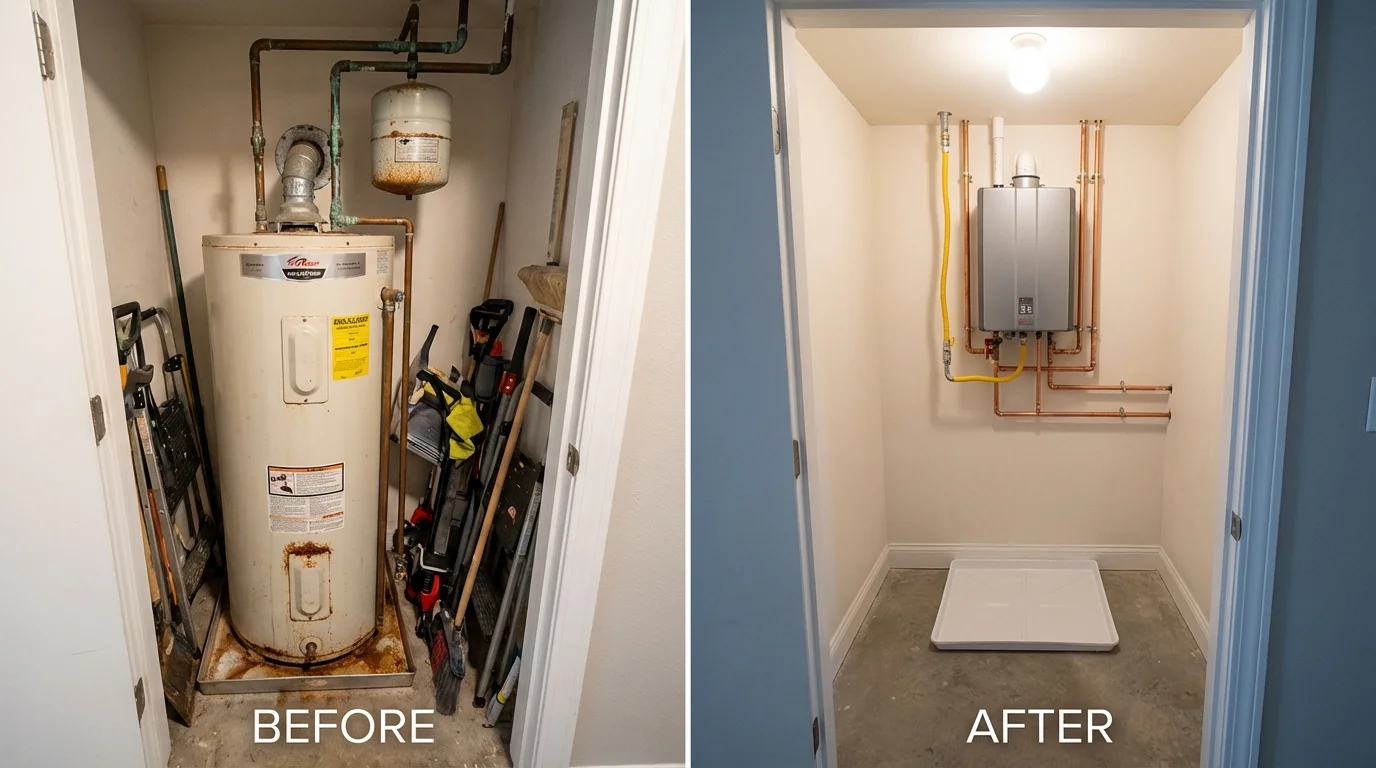 Tank water heater versus wall-mounted tankless unit comparison for Universal City, TX homeowners