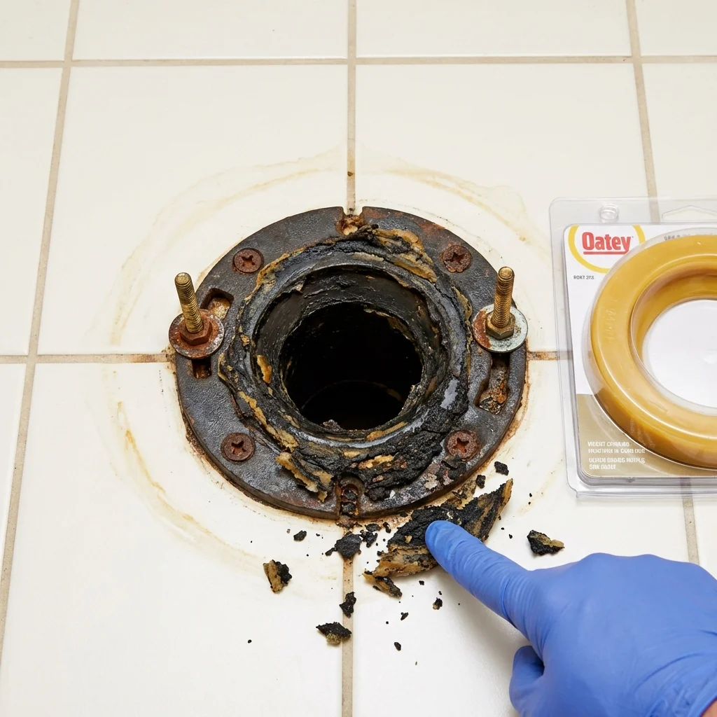 Failed wax ring showing water seepage at the base of a toilet in a Universal City, TX home