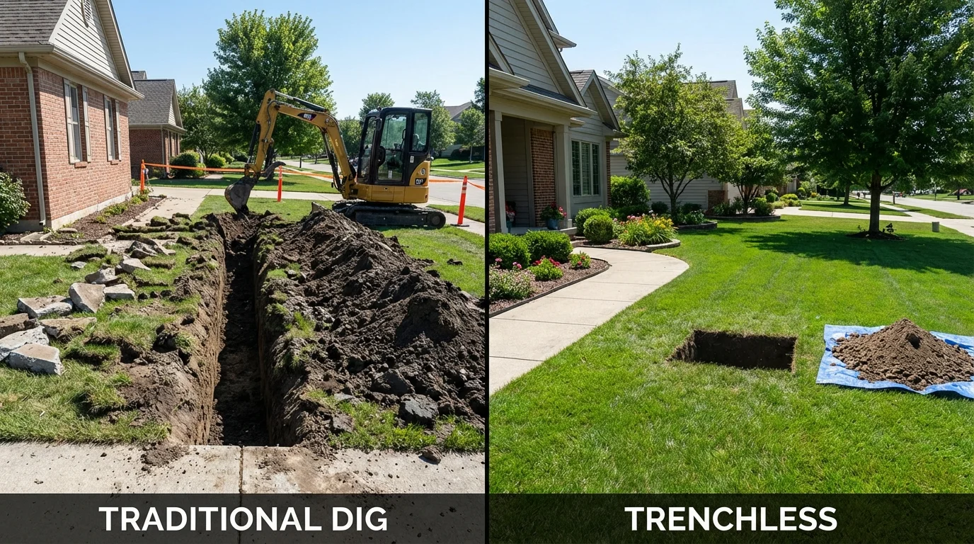 Trenchless sewer repair with minimal yard damage versus traditional excavation in Universal City, TX