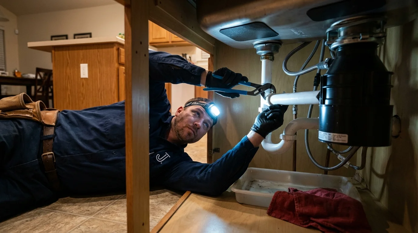 P-trap and supply line connections under a kitchen sink showing a common leak point in Universal City, TX